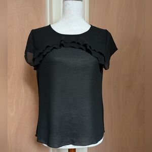 LOFT Petites Black Sheer Chiffon Blouse Ruffle Front Short Sleeve Work Top PS
